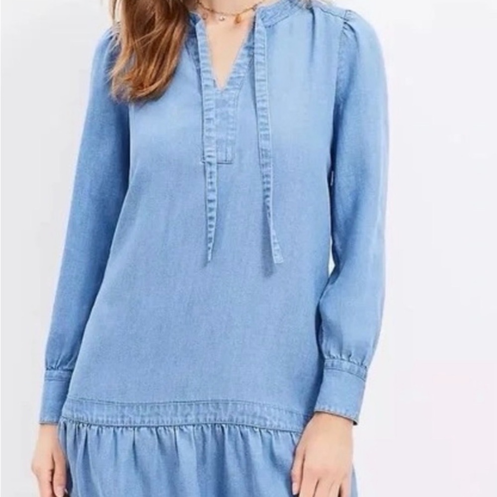 LOFT Chambray V Neck Flounce Dress